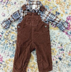 Carter's 9 Months Blue Plaid Button Up Shirt and Brown Corduroy Overall Set